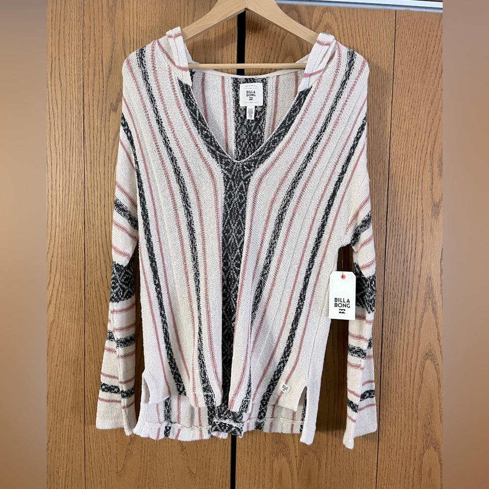Billabong stripped poncho hoodie. Cream/black/red coloring. Size lg